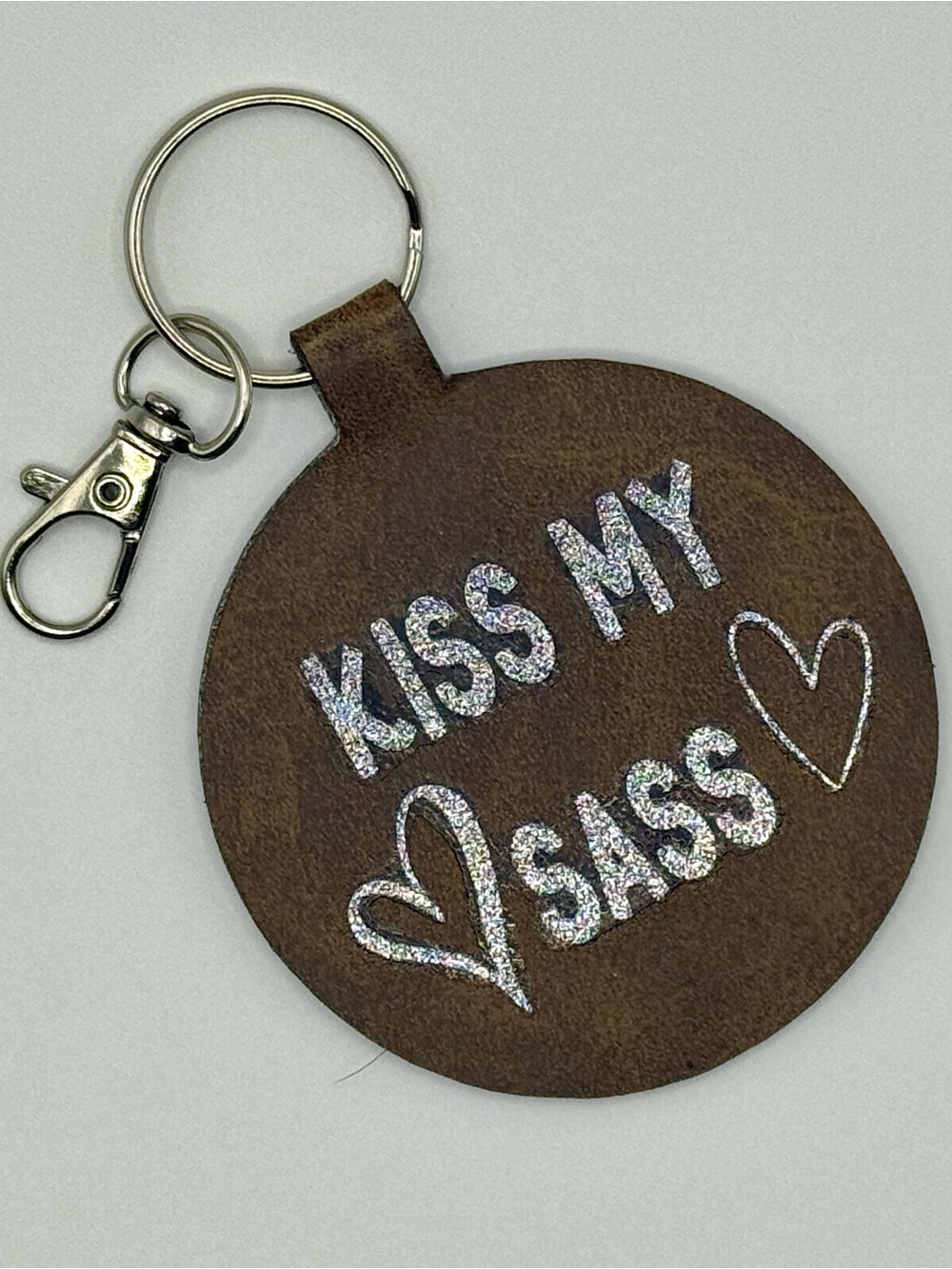 Kiss My Sass Brown faux leather Keychain with Silver Glitter Text